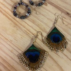 2 sets of Earrings: vibrant peacock & beautiful purple with clear & silver.